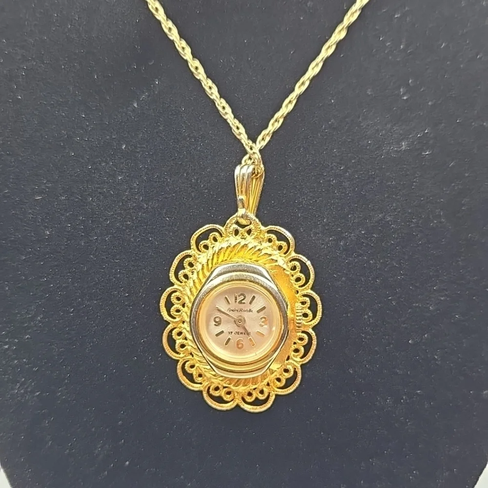 Vintage Andre Rivalle 17 Jewel Watch Avon Necklace Gold Tone Cameo Pendant Runs